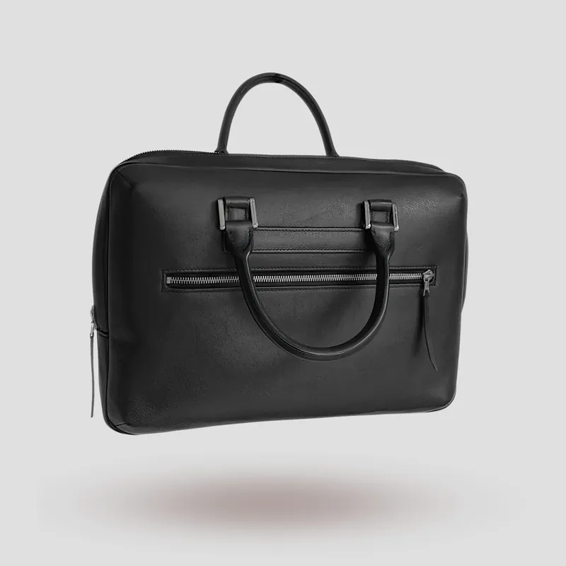 A custom briefcase handcrafted in black premium cowhide leather.