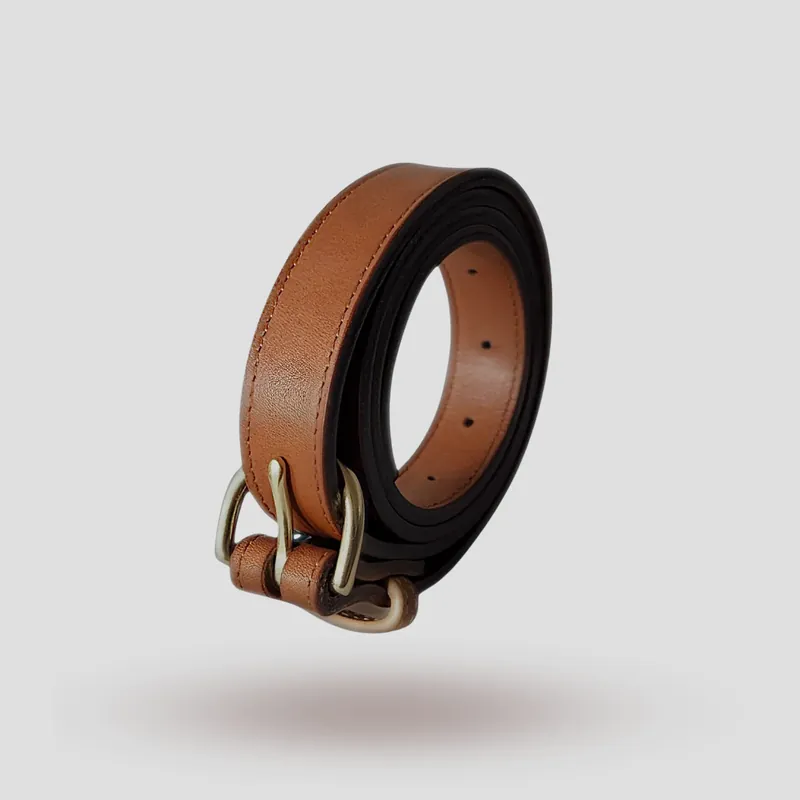 A custom belt handcrafted in brown premium cowhide leather.