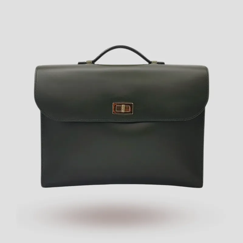 A custom briefcase handcrafted in dark olive green premium cowhide leather.