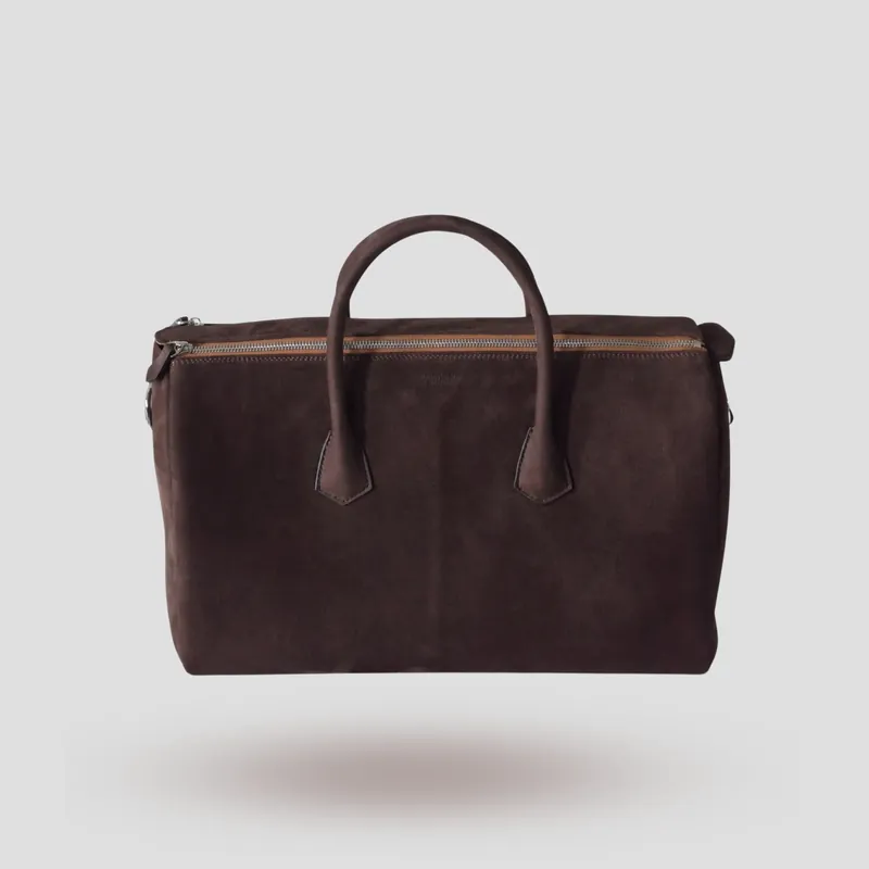 A custom Boston bag handcrafted in chocolate brown premium Italian nubuck.