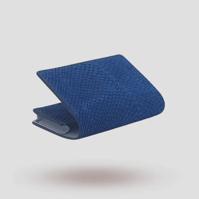 A custom wallet handcrafted in blue premium salmon leather.