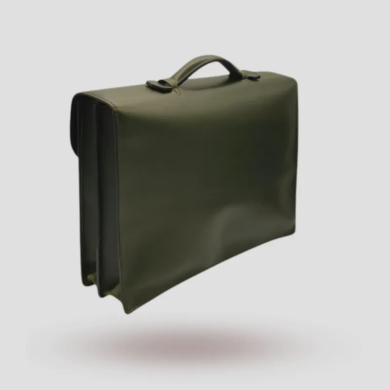 A custom briefcase handcrafted in dark olive green premium cowhide leather.